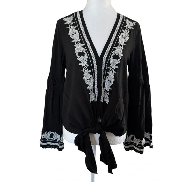Lovestitch Black Embroidered Boho Tie-Front Top | L - Picture 2 of 11